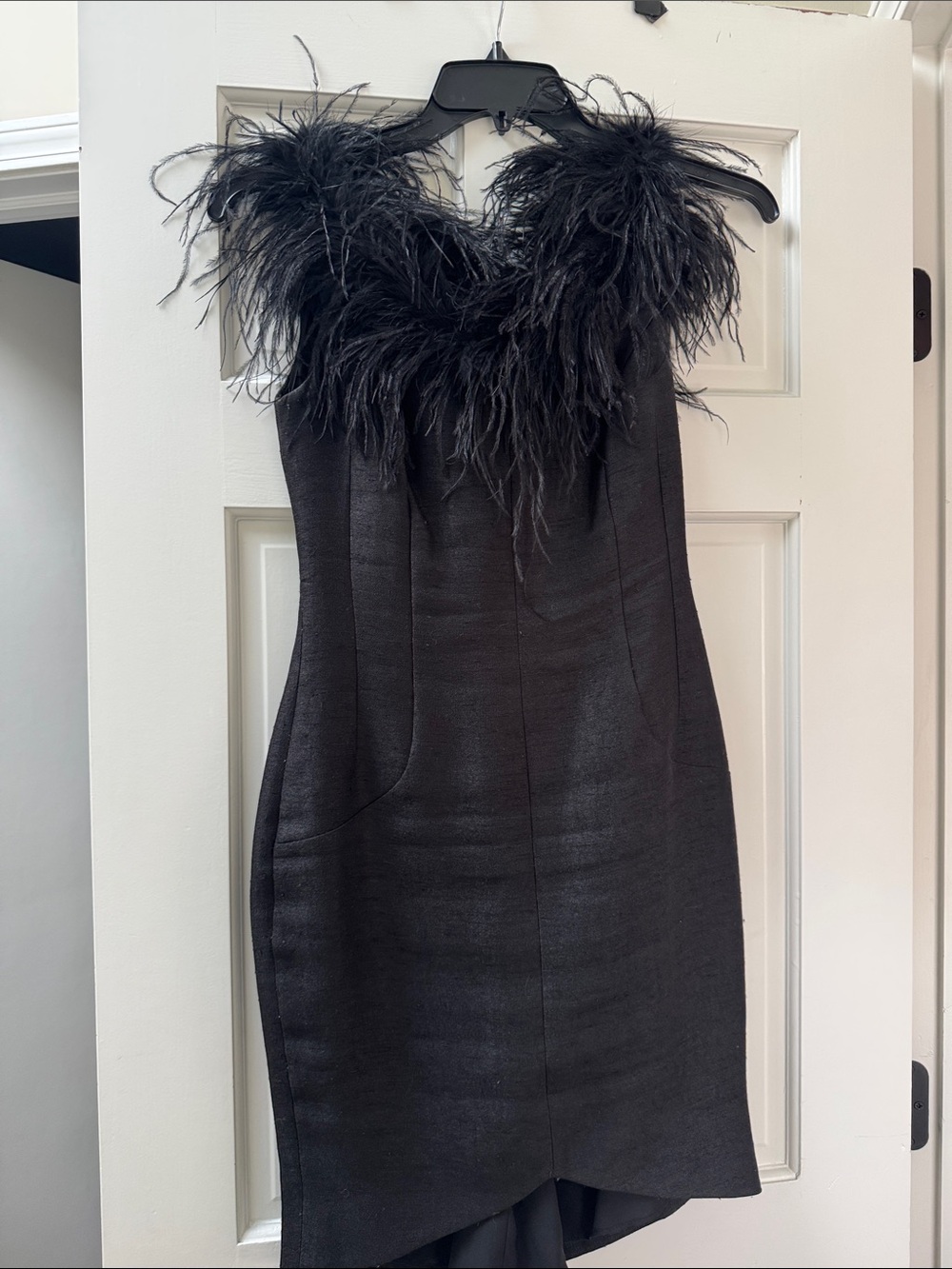 Black Mini Dress with Feather-Trim Neckline